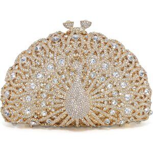 Peacock Gold Rhinestone Evening Clutch Bag for Women, Sparkly Wedding Party Purs